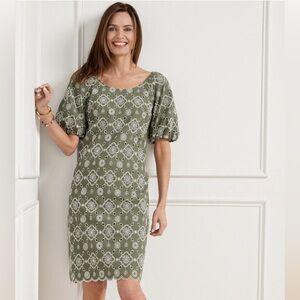 Talbots 14 Green Eyelet Puff‎ Sleeve Shift Dress Modest Career Work Cotton Lined